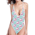 Girly Cat With Glasses Pattern Print One Piece High Cut Swimsuit