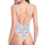 Girly Cat With Glasses Pattern Print One Piece High Cut Swimsuit