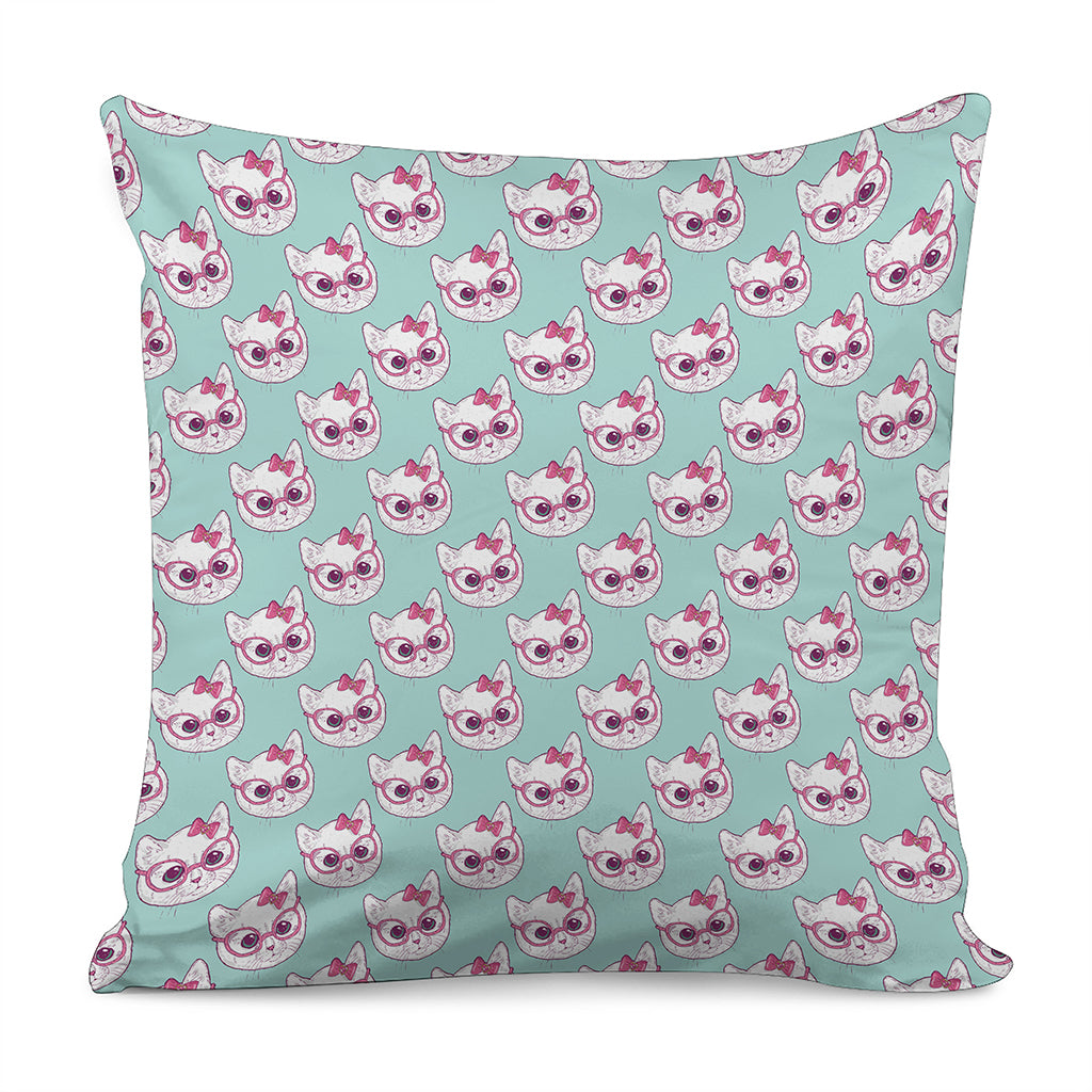 Girly Cat With Glasses Pattern Print Pillow Cover