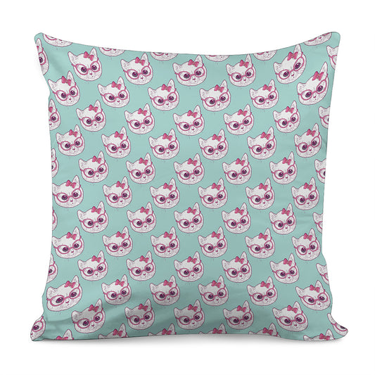 Girly Cat With Glasses Pattern Print Pillow Cover