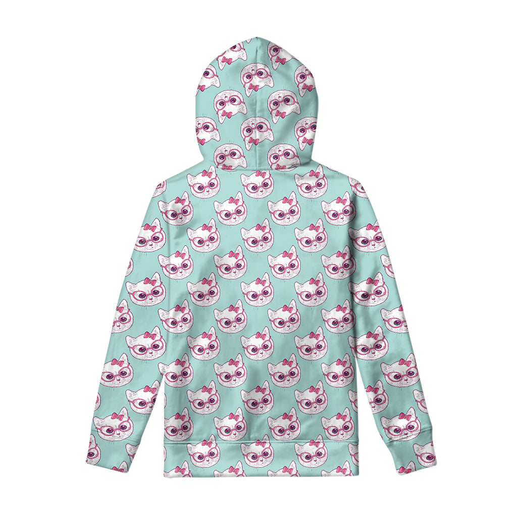 Girly Cat With Glasses Pattern Print Pullover Hoodie