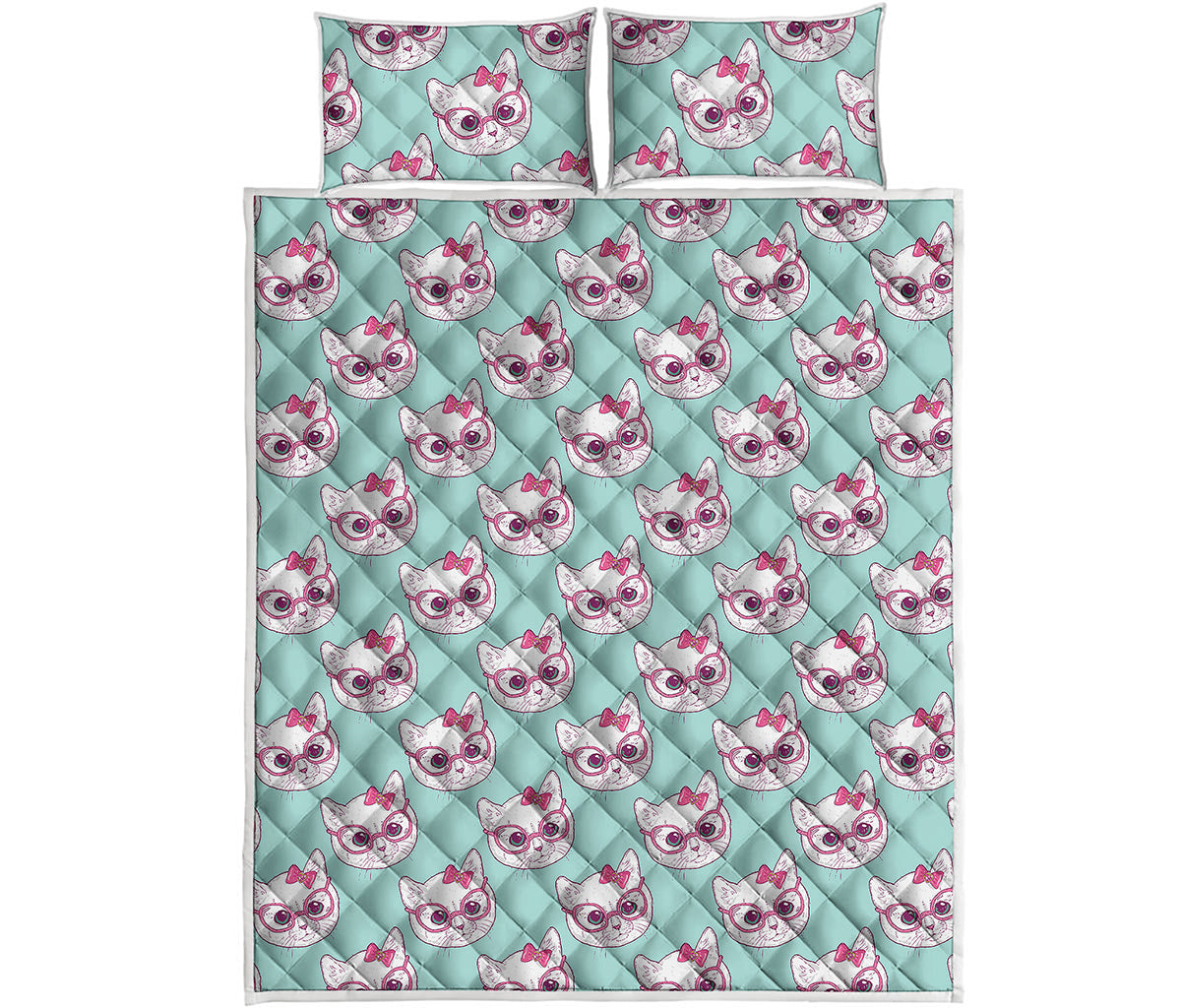 Girly Cat With Glasses Pattern Print Quilt Bed Set