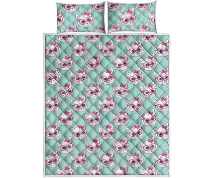 Girly Cat With Glasses Pattern Print Quilt Bed Set