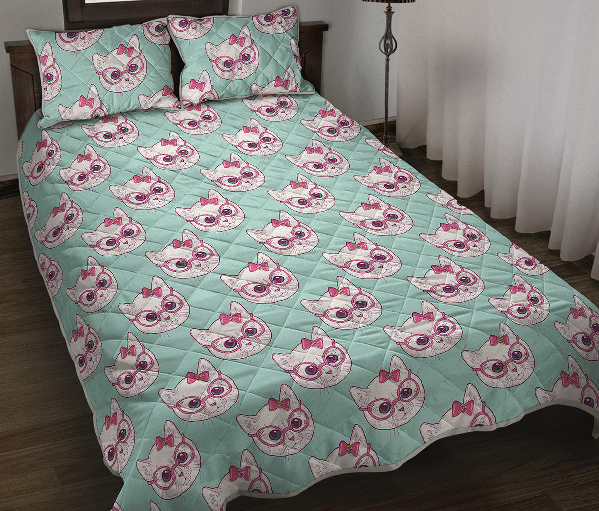 Girly Cat With Glasses Pattern Print Quilt Bed Set