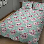 Girly Cat With Glasses Pattern Print Quilt Bed Set