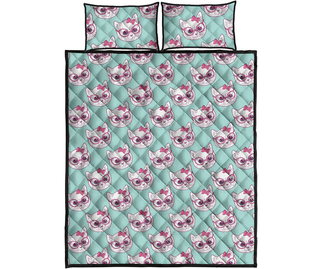 Girly Cat With Glasses Pattern Print Quilt Bed Set