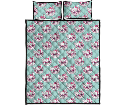 Girly Cat With Glasses Pattern Print Quilt Bed Set