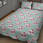 Girly Cat With Glasses Pattern Print Quilt Bed Set
