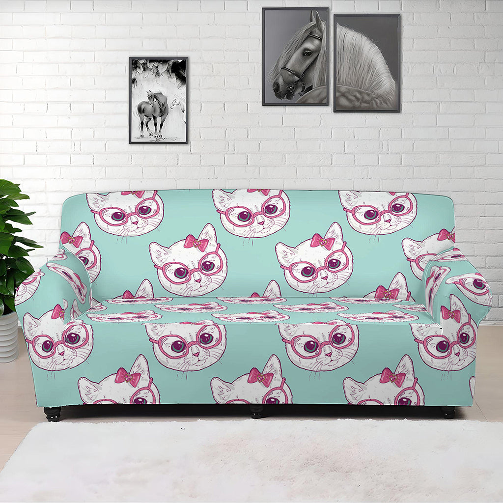 Girly Cat With Glasses Pattern Print Sofa Cover