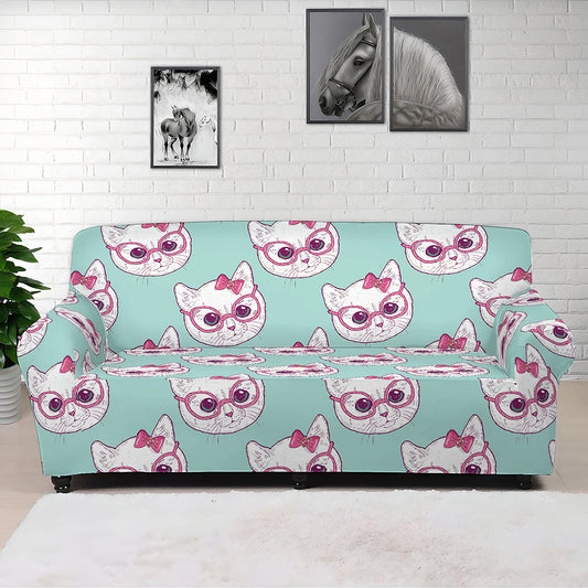 Girly Cat With Glasses Pattern Print Sofa Cover