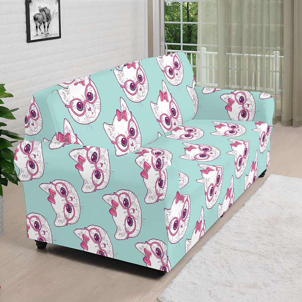 Girly Cat With Glasses Pattern Print Sofa Cover