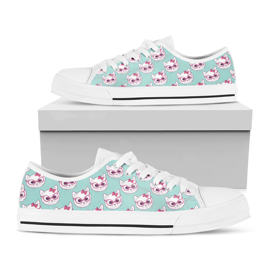 Girly Cat With Glasses Pattern Print White Low Top Shoes