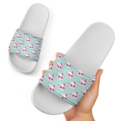 Girly Cat With Glasses Pattern Print White Slide Sandals