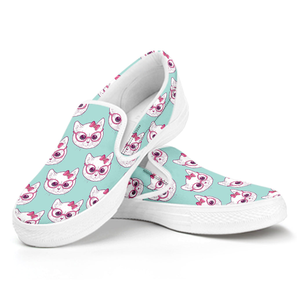 Girly Cat With Glasses Pattern Print White Slip On Shoes
