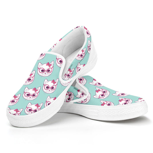 Girly Cat With Glasses Pattern Print White Slip On Shoes