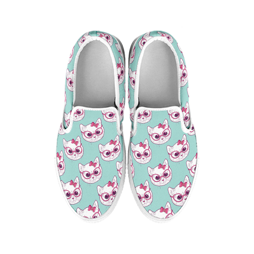 Girly Cat With Glasses Pattern Print White Slip On Shoes