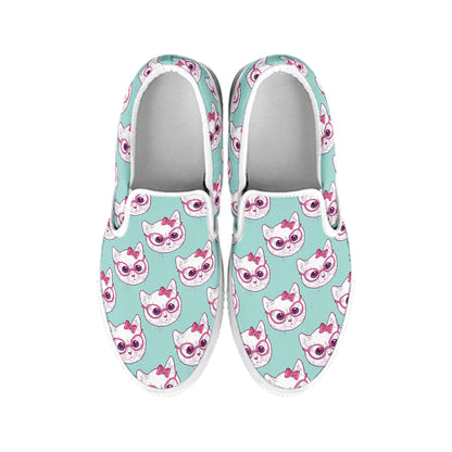 Girly Cat With Glasses Pattern Print White Slip On Shoes
