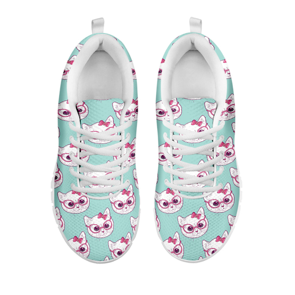 Girly Cat With Glasses Pattern Print White Sneakers