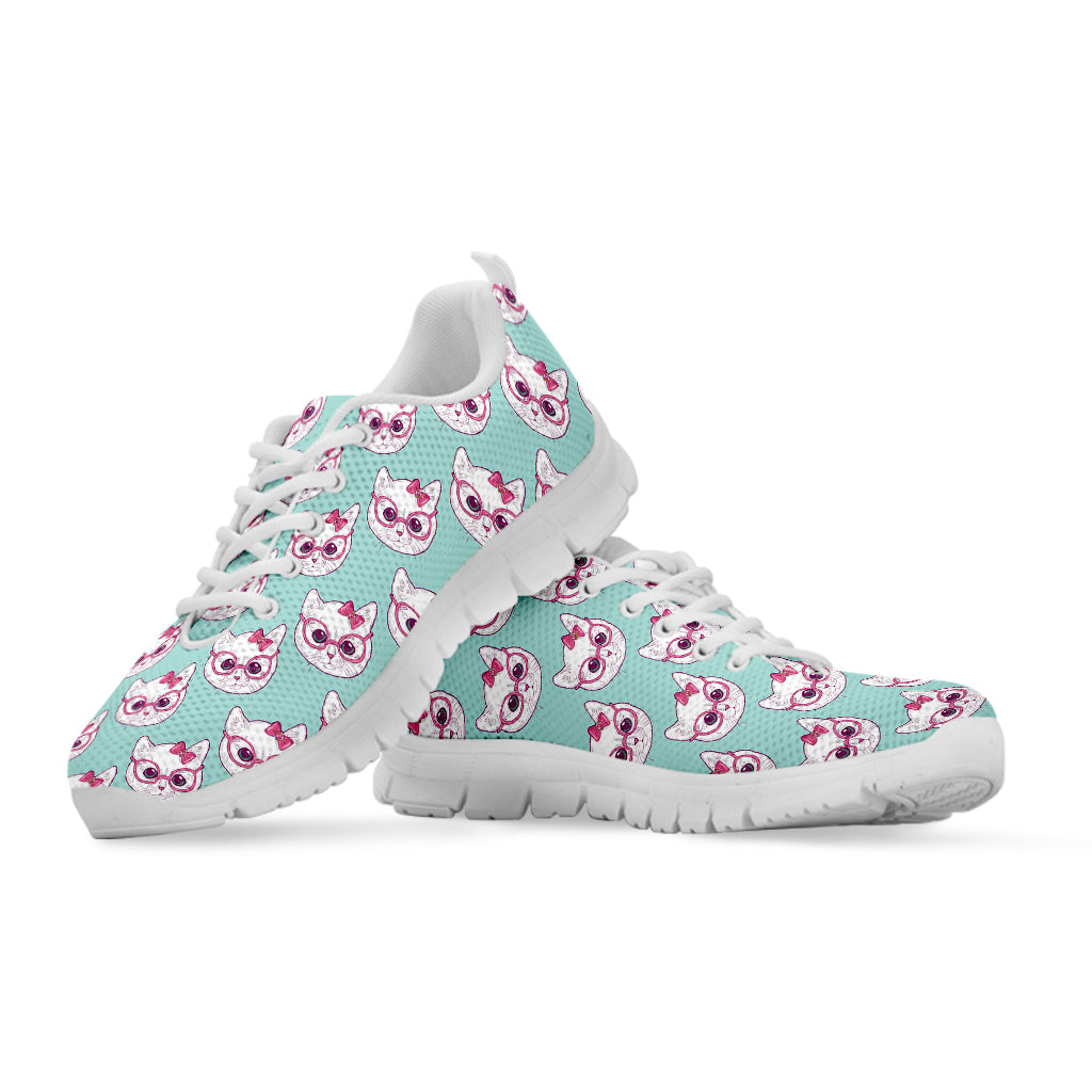 Girly Cat With Glasses Pattern Print White Sneakers