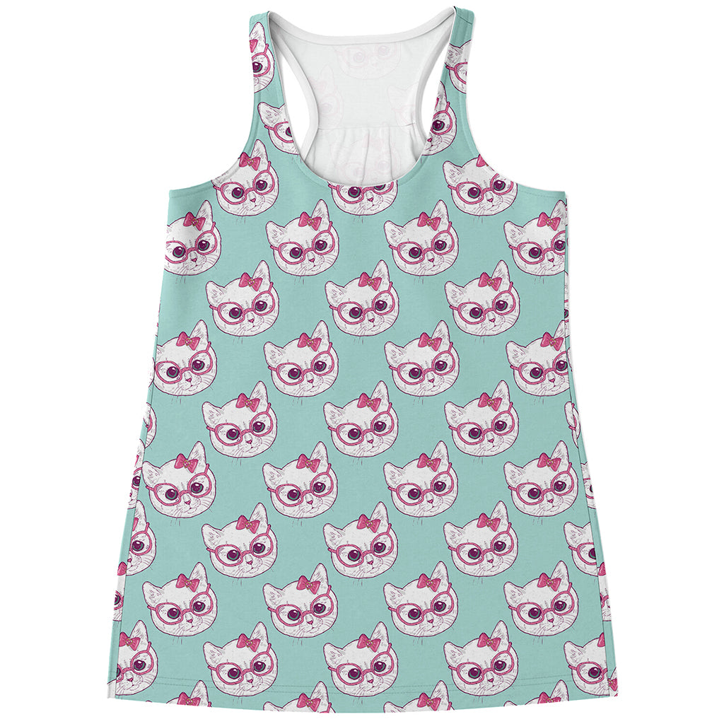 Girly Cat With Glasses Pattern Print Women's Racerback Tank Top