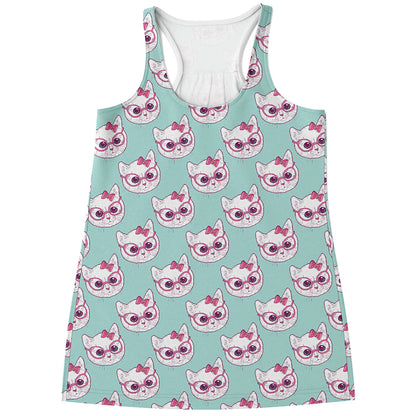 Girly Cat With Glasses Pattern Print Women's Racerback Tank Top