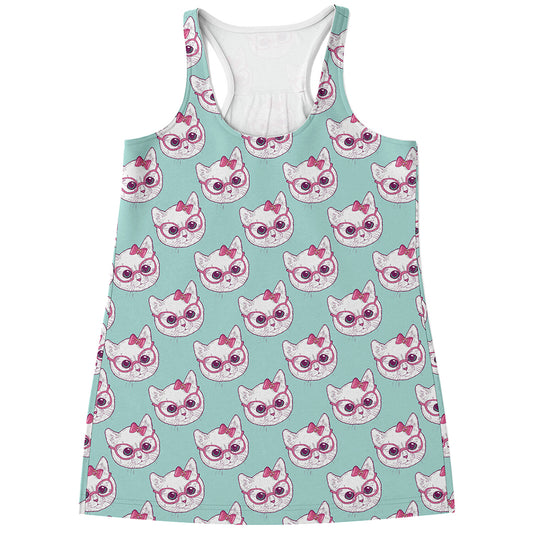 Girly Cat With Glasses Pattern Print Women's Racerback Tank Top