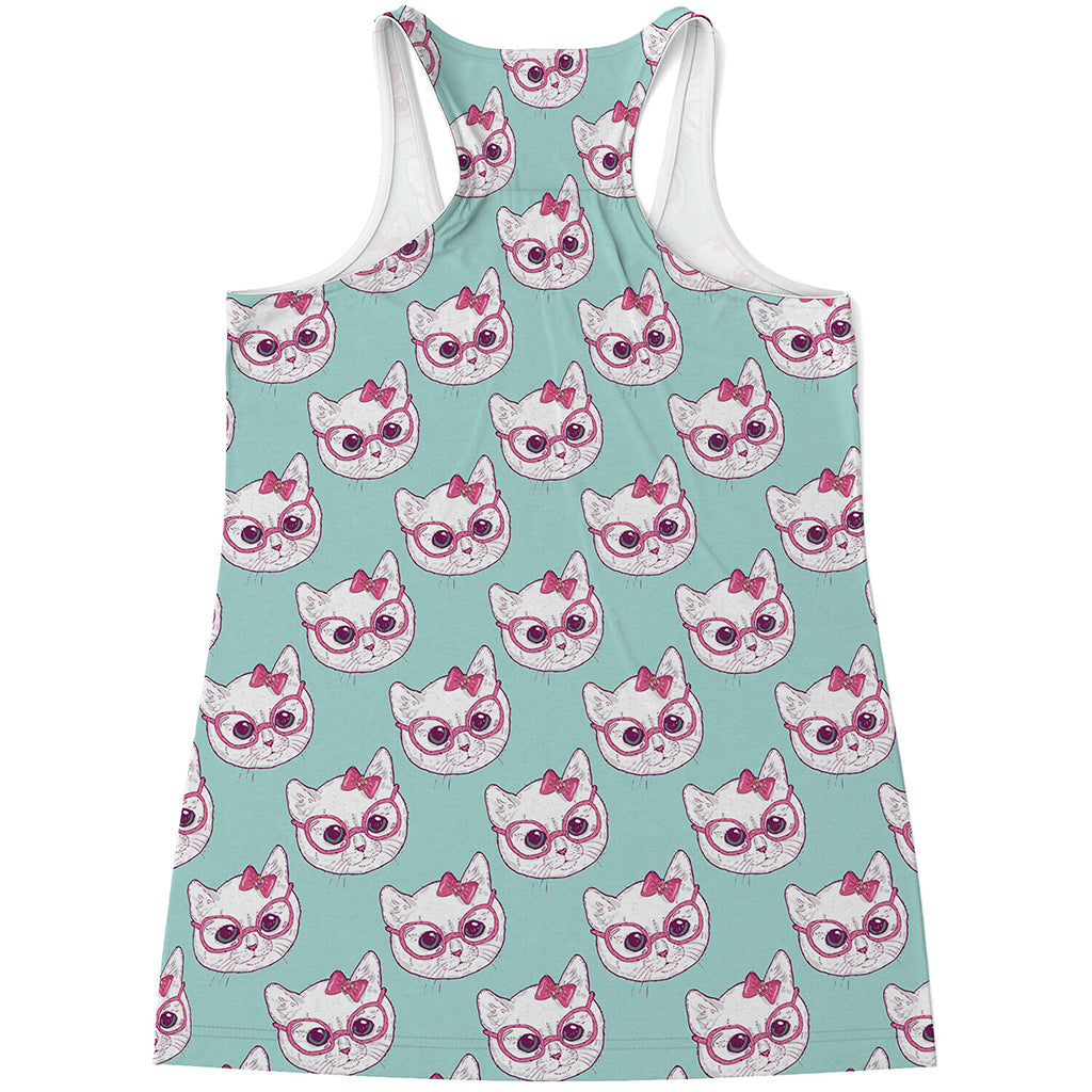 Girly Cat With Glasses Pattern Print Women's Racerback Tank Top