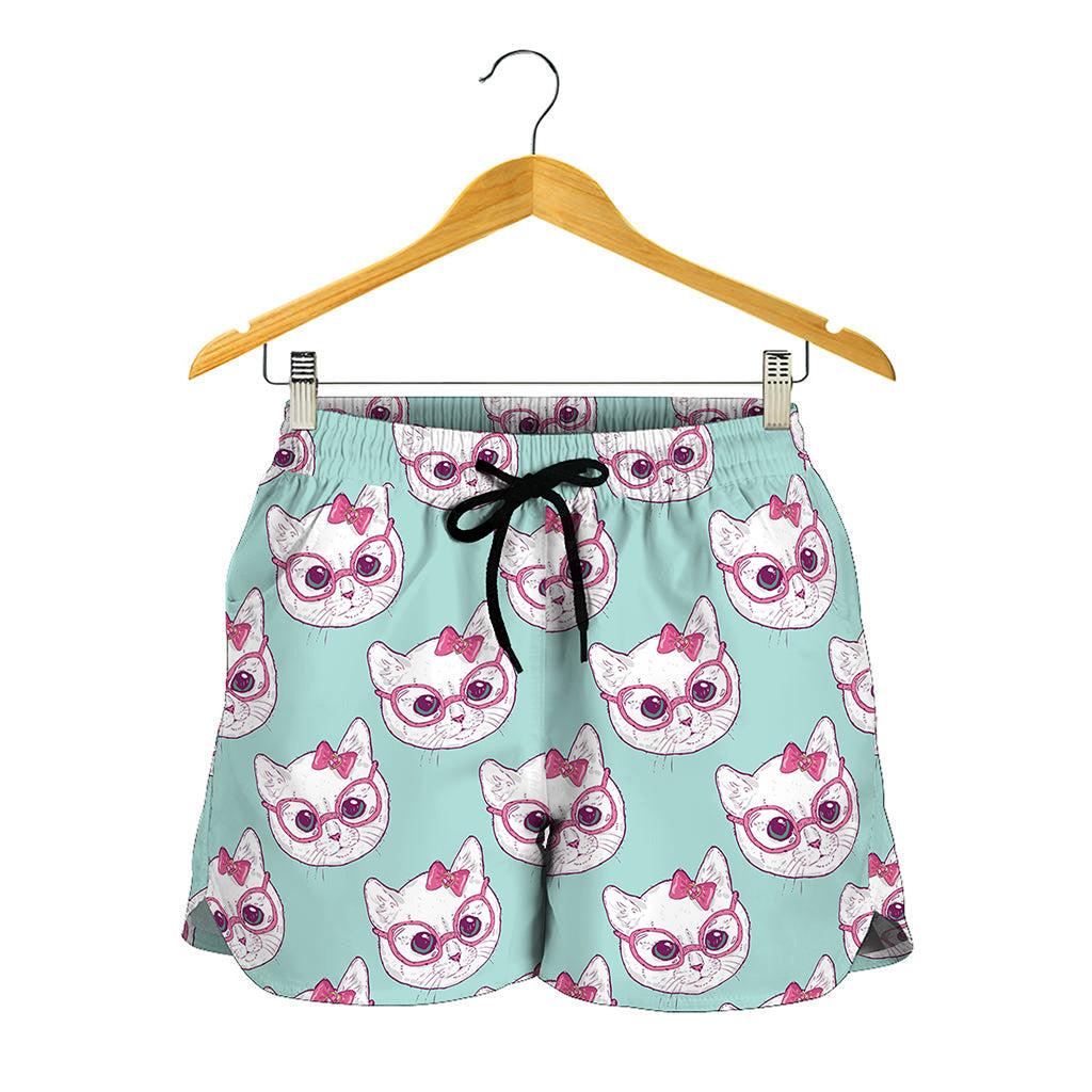 Girly Cat With Glasses Pattern Print Women's Shorts