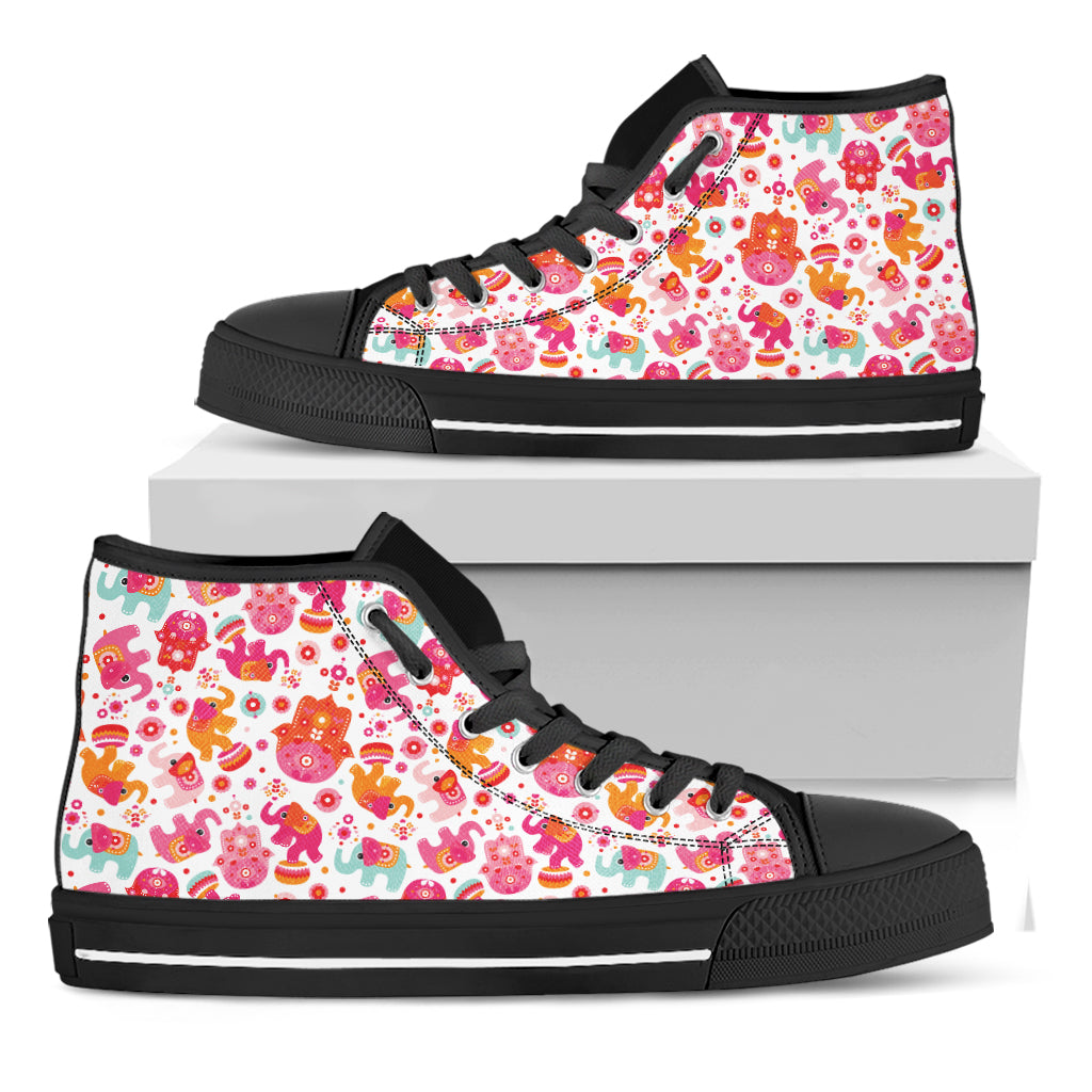 Girly Elephant And Hamsa Pattern Print Black High Top Shoes