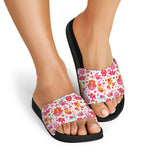 Girly Elephant And Hamsa Pattern Print Black Slide Sandals