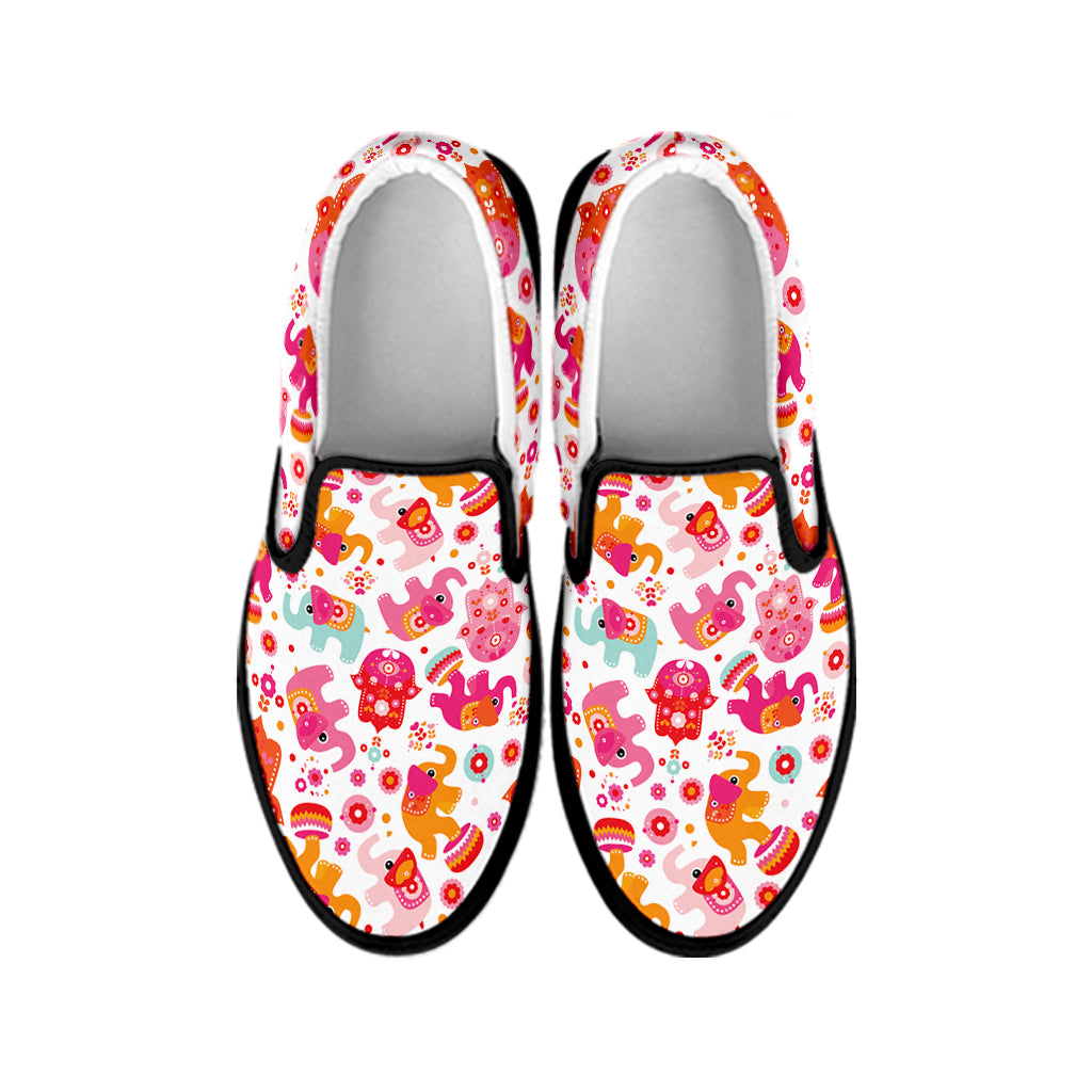 Girly Elephant And Hamsa Pattern Print Black Slip On Shoes