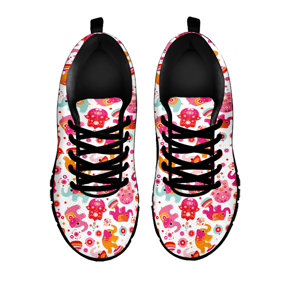 Girly Elephant And Hamsa Pattern Print Black Sneakers