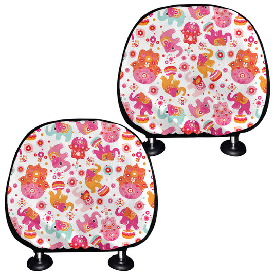 Girly Elephant And Hamsa Pattern Print Car Headrest Covers