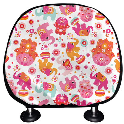 Girly Elephant And Hamsa Pattern Print Car Headrest Covers