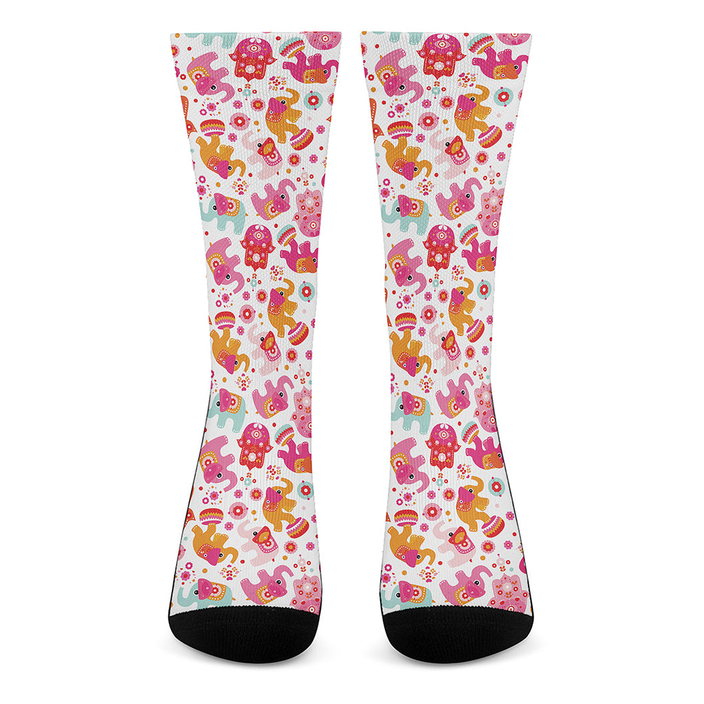 Girly Elephant And Hamsa Pattern Print Crew Socks