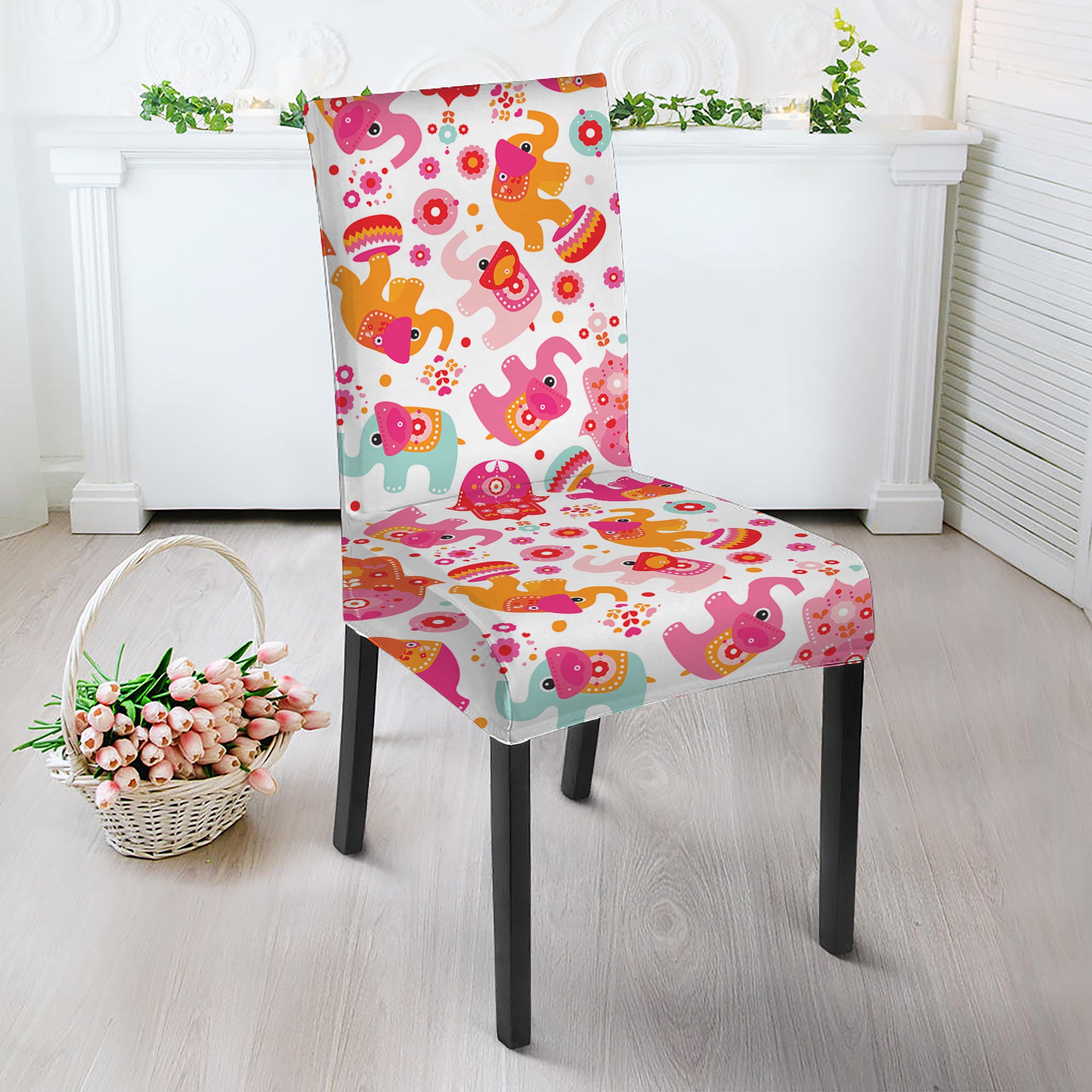 Girly Elephant And Hamsa Pattern Print Dining Chair Slipcover