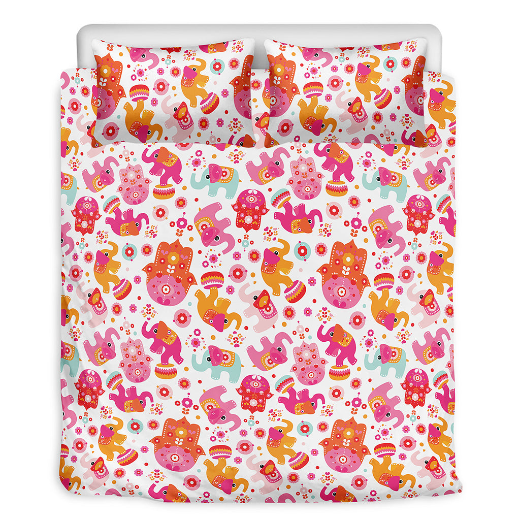 Girly Elephant And Hamsa Pattern Print Duvet Cover Bedding Set