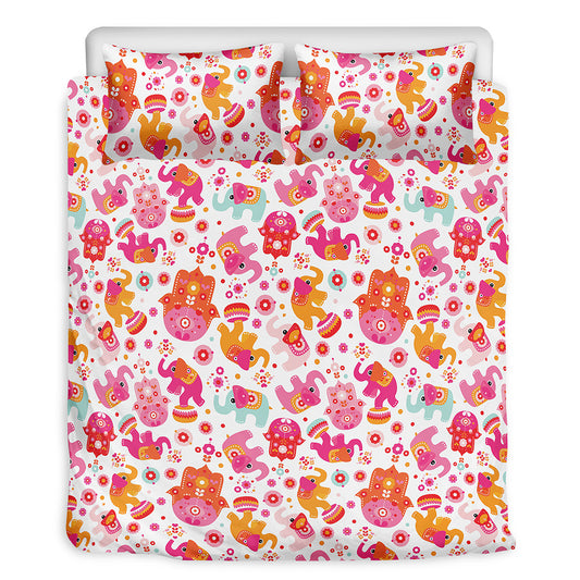 Girly Elephant And Hamsa Pattern Print Duvet Cover Bedding Set