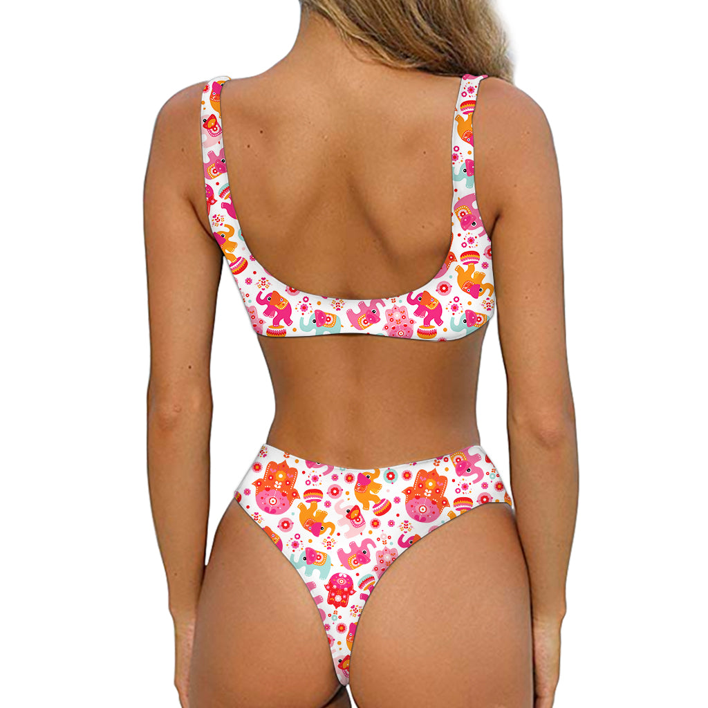 Girly Elephant And Hamsa Pattern Print Front Bow Tie Bikini