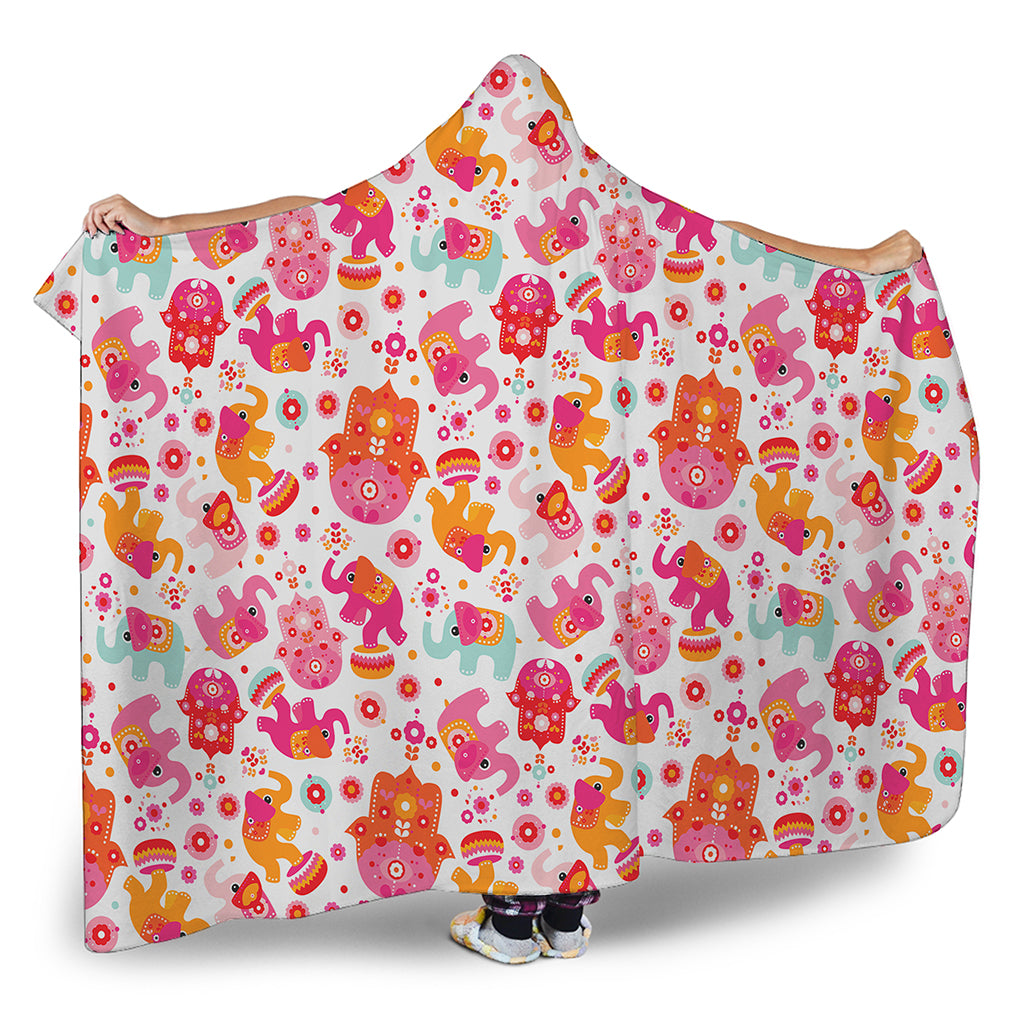 Girly Elephant And Hamsa Pattern Print Hooded Blanket