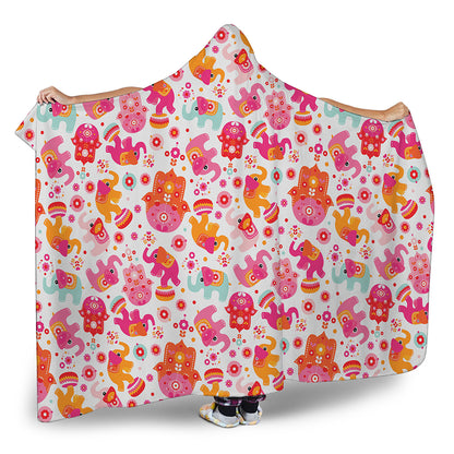 Girly Elephant And Hamsa Pattern Print Hooded Blanket