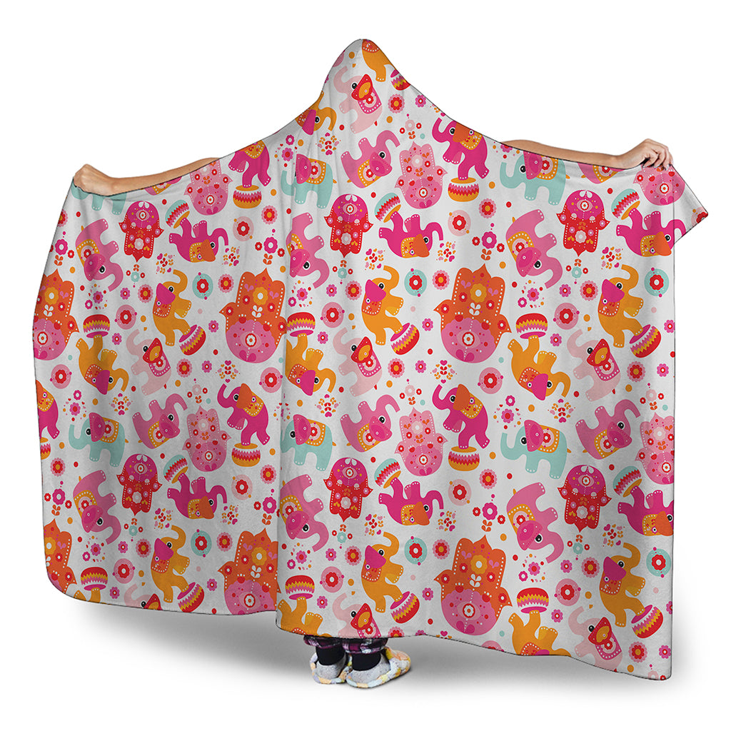 Girly Elephant And Hamsa Pattern Print Hooded Blanket