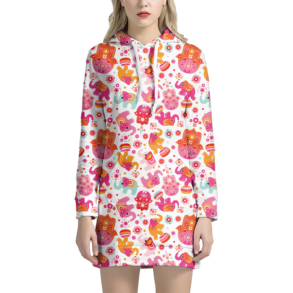 Girly Elephant And Hamsa Pattern Print Hoodie Dress