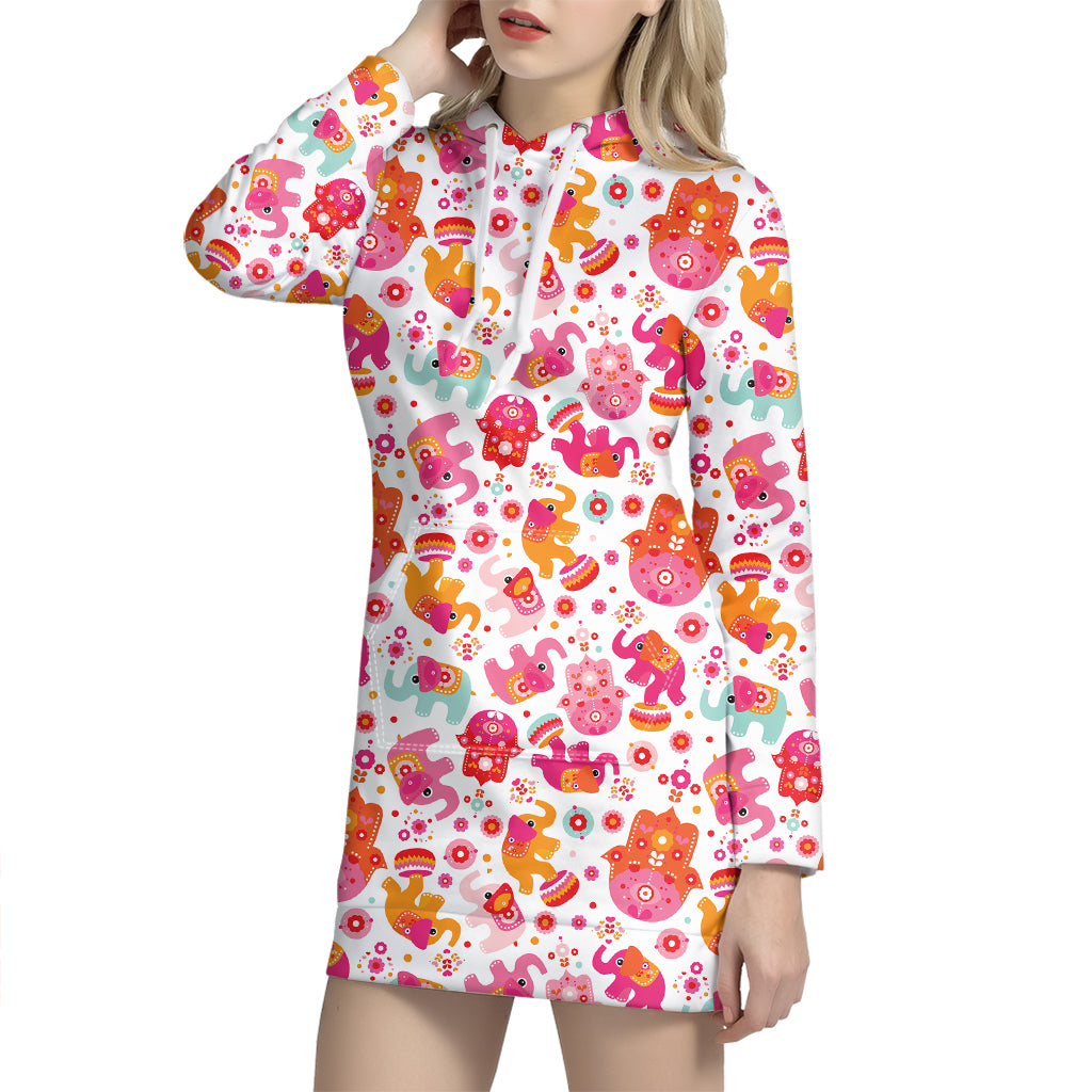 Girly Elephant And Hamsa Pattern Print Hoodie Dress