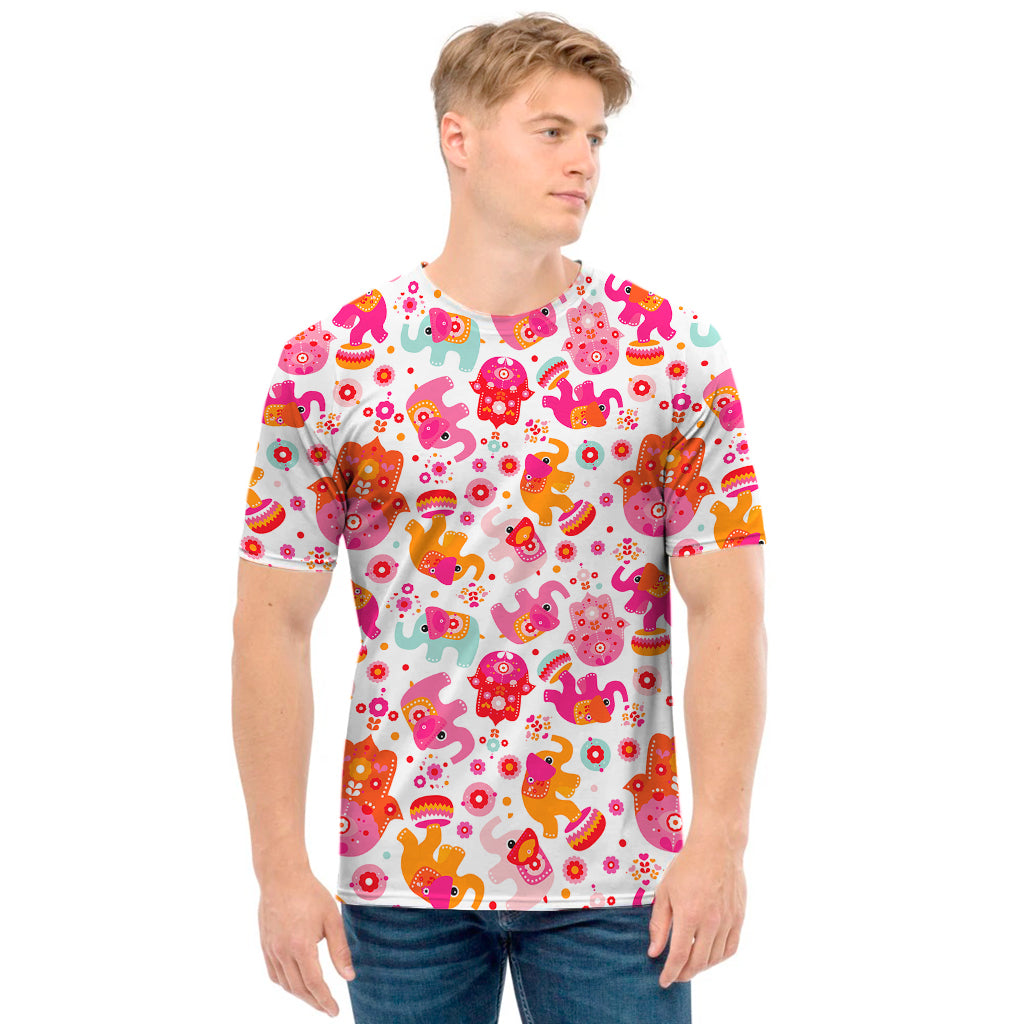 Girly Elephant And Hamsa Pattern Print Men's T-Shirt