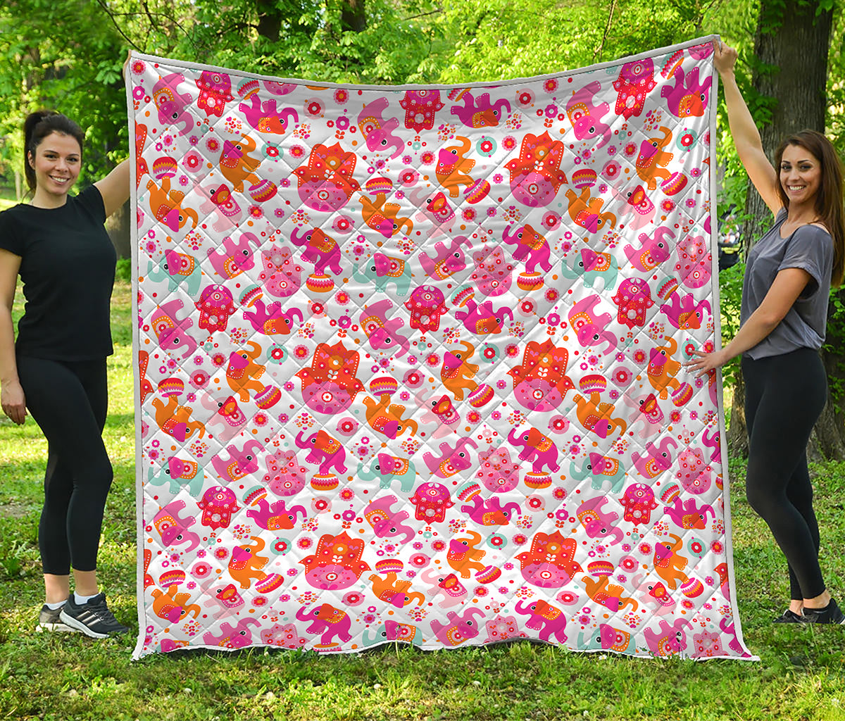 Girly Elephant And Hamsa Pattern Print Quilt