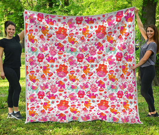 Girly Elephant And Hamsa Pattern Print Quilt