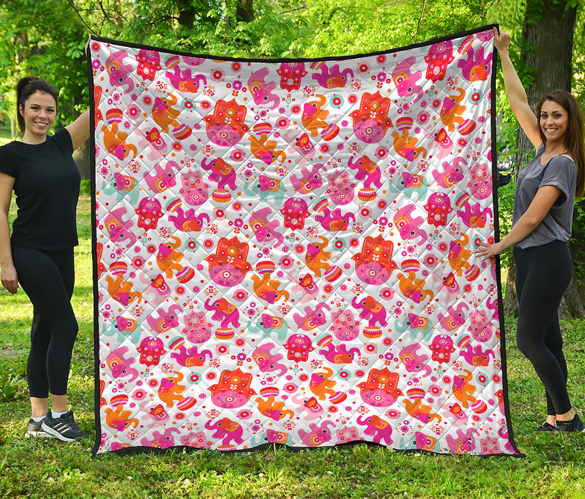 Girly Elephant And Hamsa Pattern Print Quilt