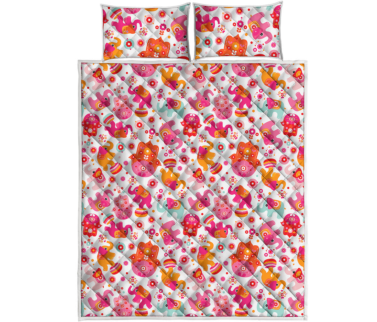 Girly Elephant And Hamsa Pattern Print Quilt Bed Set