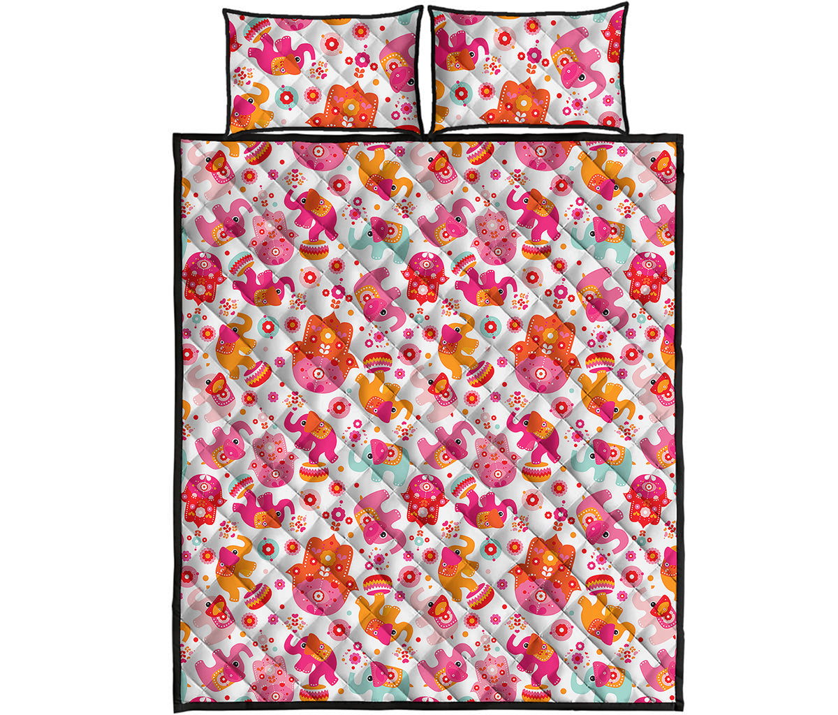 Girly Elephant And Hamsa Pattern Print Quilt Bed Set